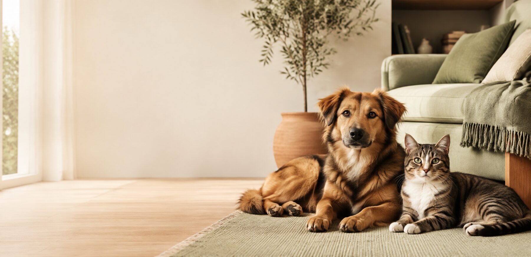 Cane e gatto rilassati insieme in una casa luminosa